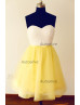 Ivory Lace Blue/Yellow/Hot Pink/Peach Tulle  Short Prom Dress